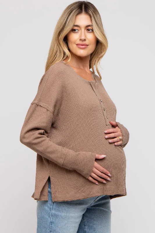 Mocha Waffle Knit Maternity Henley Top