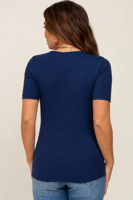 Navy Blue Ribbed Wrap Front Maternity/Nursing Top