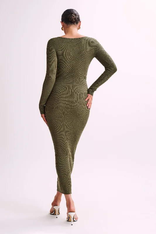 Nina Long Sleeve Knit Midi Dress - Olive