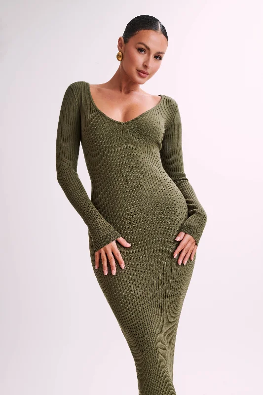 Nina Long Sleeve Knit Midi Dress - Olive