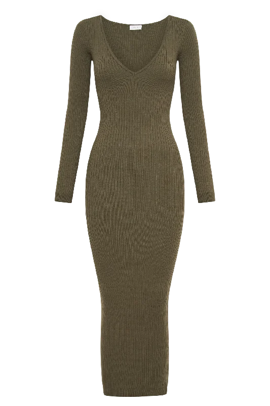 Nina Long Sleeve Knit Midi Dress - Olive