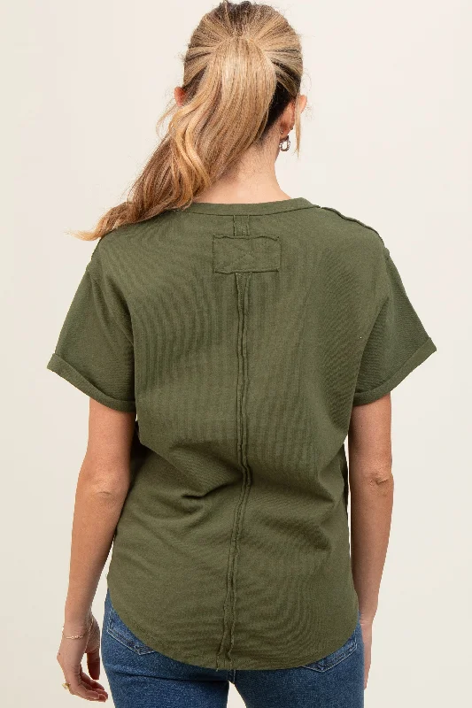 Olive Wrap Short Sleeve Raw Hem Maternity Top