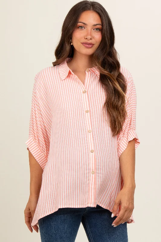 Peach Striped Button Up Dolman Maternity Top