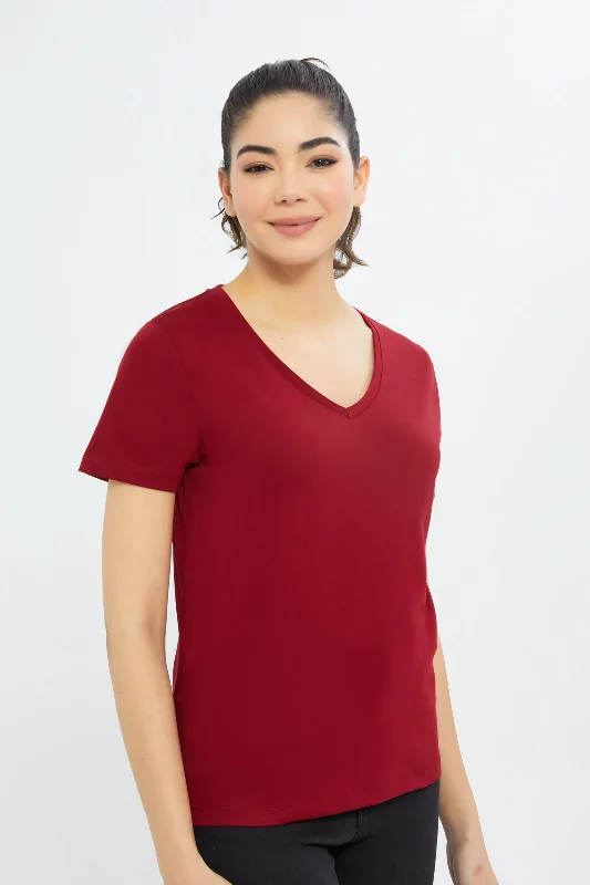 Women Red Short Sleeve V-Neck T-Shirt