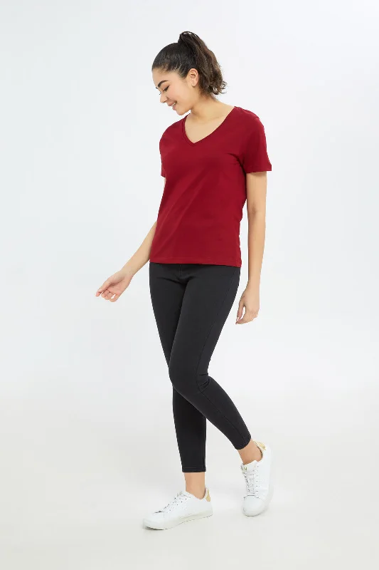 Women Red Short Sleeve V-Neck T-Shirt