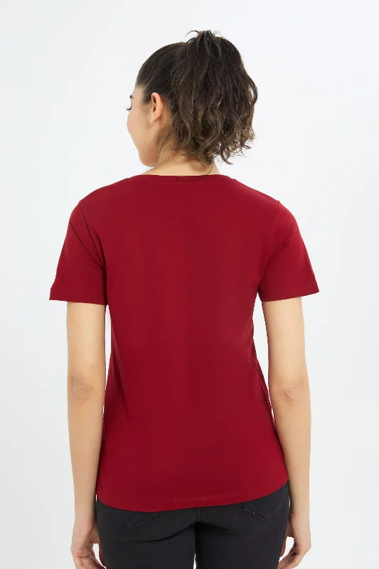 Women Red Short Sleeve V-Neck T-Shirt