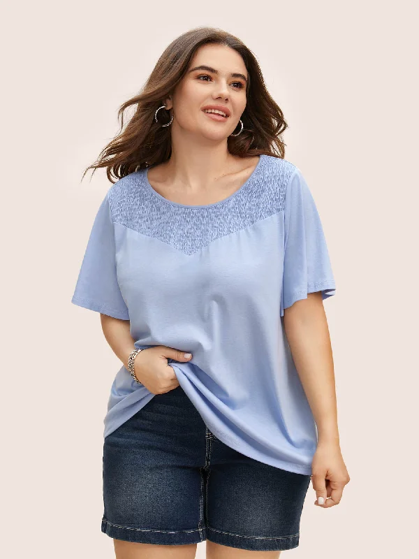 Round Neck Shirred Ruffle Sleeve T-shirt