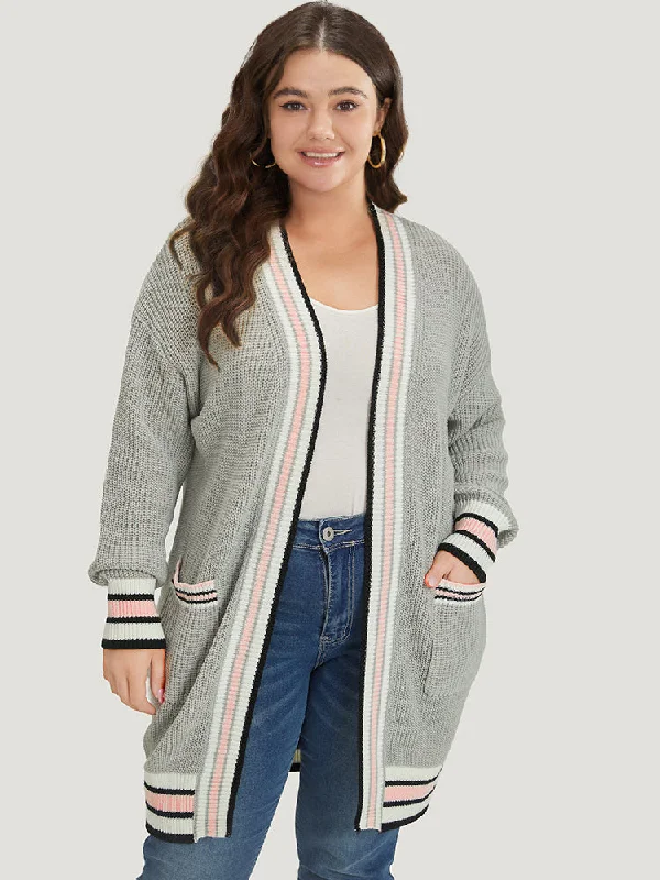 Striped Contrast Drop Shoulder Elastic Cuffs Cardigan