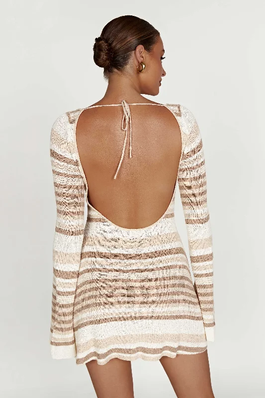 Zahra Long Sleeve Open Back Mini Knit Dress - Cream