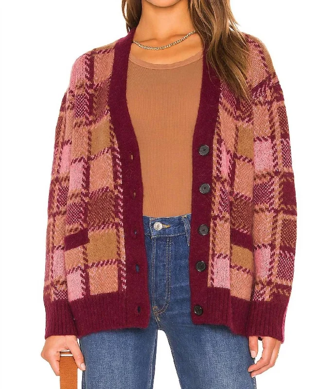 90S Oversized Cardigan In Mulberry Plaid