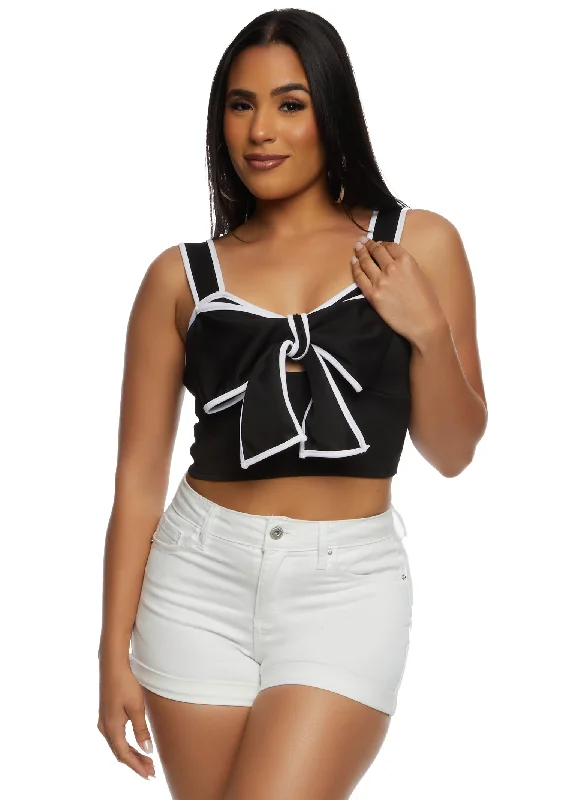 Contrast Trim Bow Tie Front Crop Top