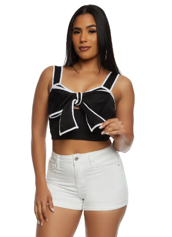 Contrast Trim Bow Tie Front Crop Top