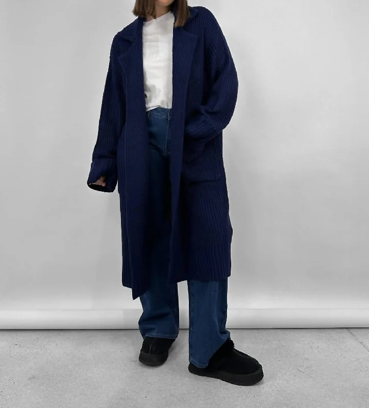 Chunky Collared Knit Cardigan Coat In Dark Blue