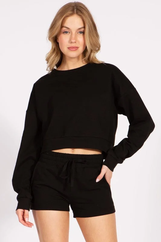 Cropped French Terry Pullover Crewneck Sweatshirt