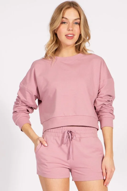 Cropped French Terry Pullover Crewneck Sweatshirt