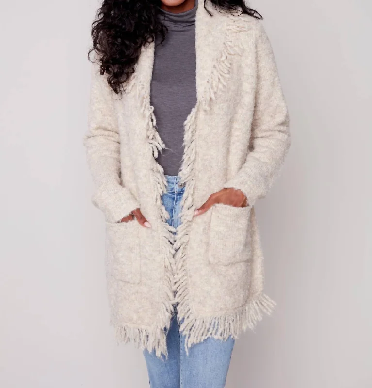 Fluffy Boucle Cardigan In Almond