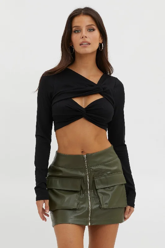 Foxy Twist Long Sleeve Crop Top Black