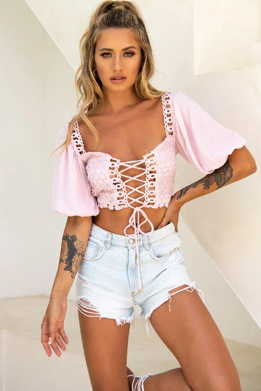 Golden Hour Lace-Up Front Crochet Crop Top Pink