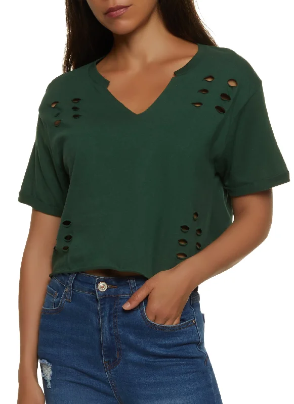 Solid Laser Cut Cropped T Shirt