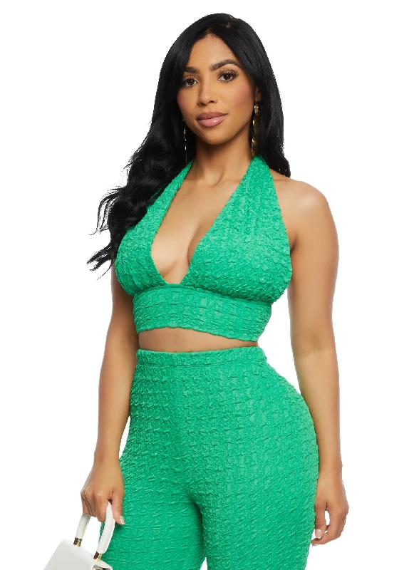 Textured Knit Tie Back Halter Crop Top