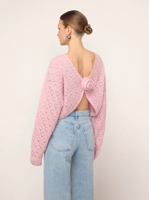 Krissy Pink Pointelle Rose Knit Cardigan