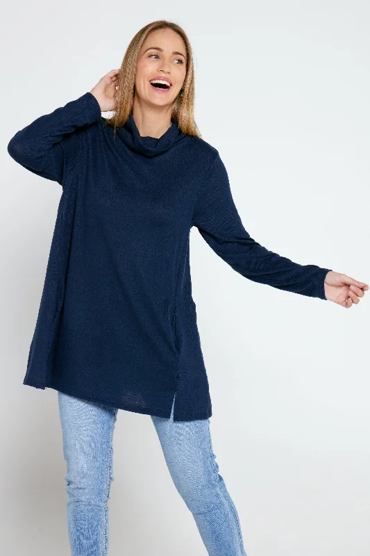 Lina Cowl Knit Tunic - Navy