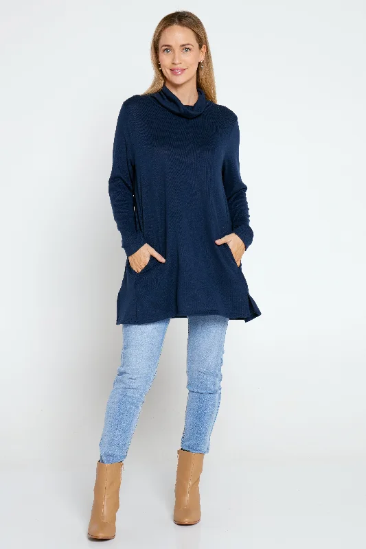 Lina Cowl Knit Tunic - Navy