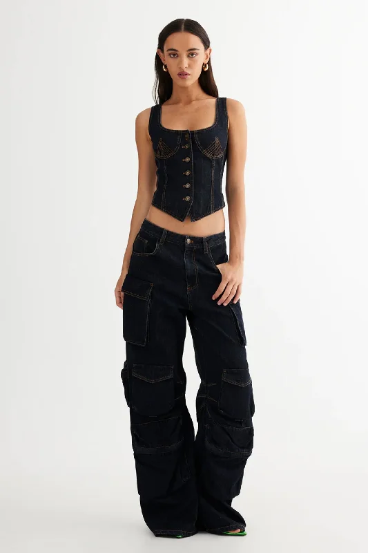 LIONESS After Hours Corset Dark Denim