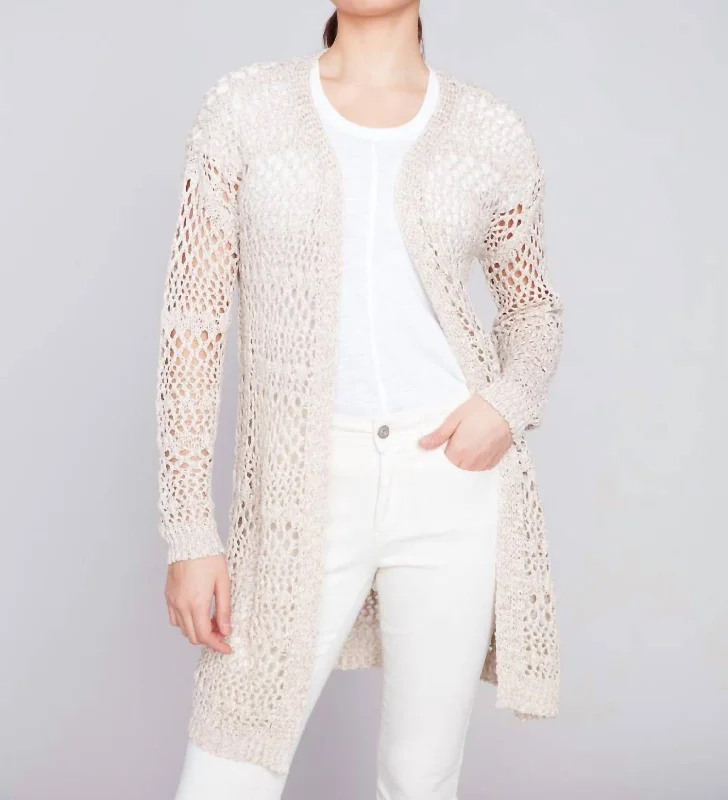 Long Knit Crochet Cardigan In Beige