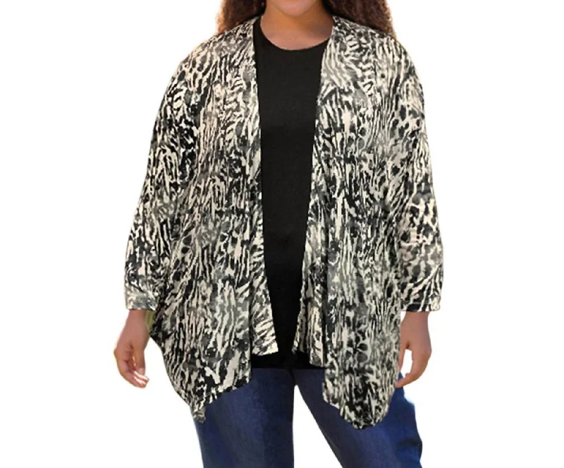 Long Sleeve Draped Cardigan - Plus In Black/white Leopard