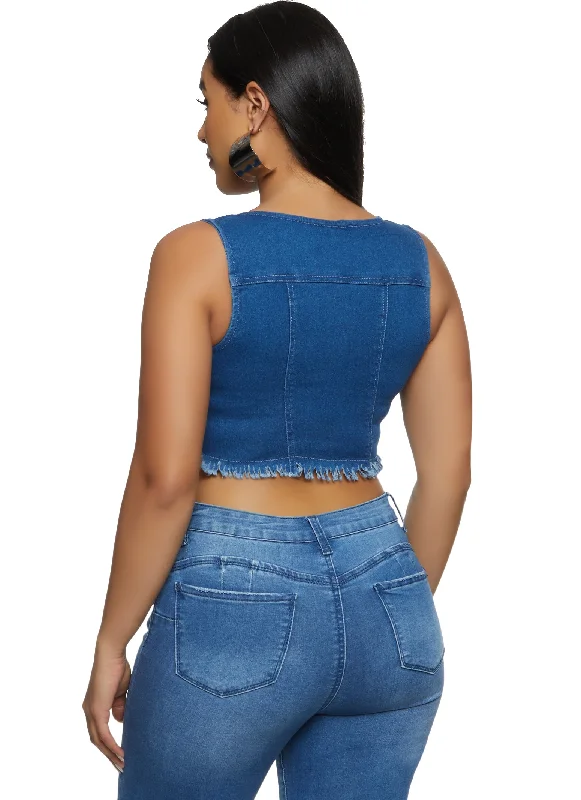 Frayed Hem Button Front Denim Crop Tank Top