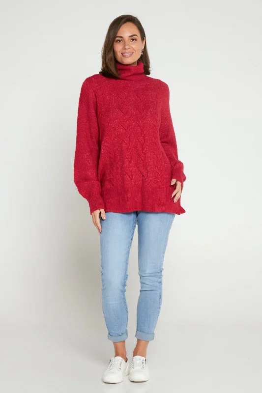 Miya Cowl Cable Knit Jumper - Raspberry