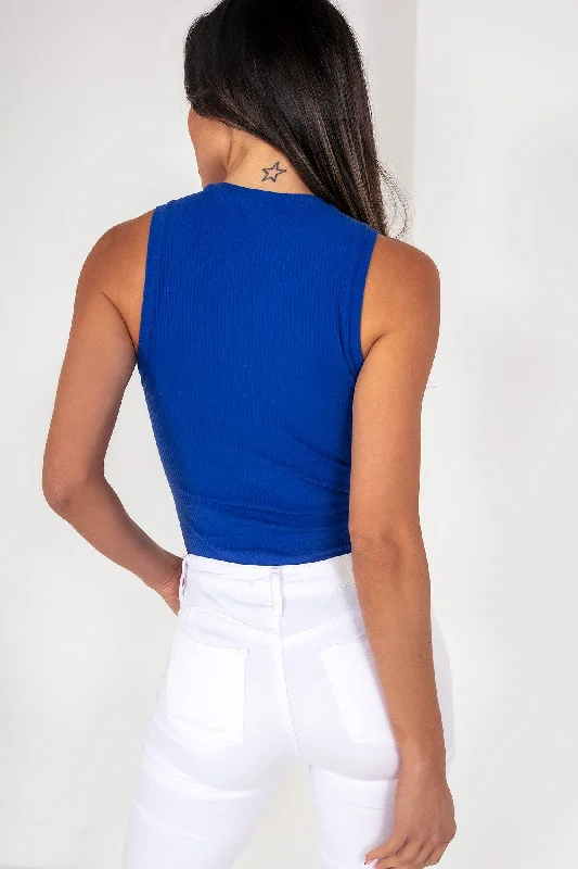 Olene Royal Blue Ribbed Sleeveless Bodysuit