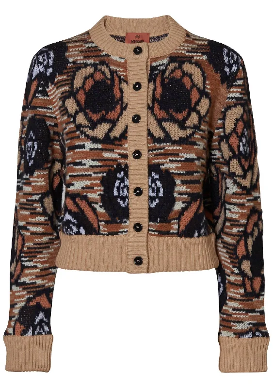 Women's Buttoned Cardigan In Multi Beige/orange/black