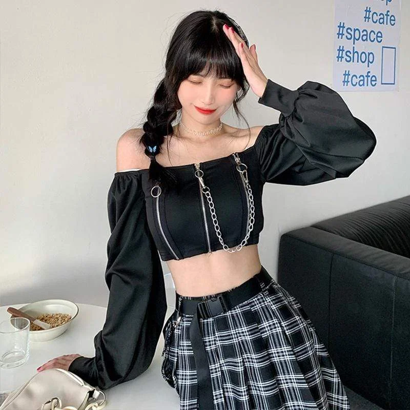 Women's Harajuku  Off shoulder Puff Sleeved Pure Color Crop Tops