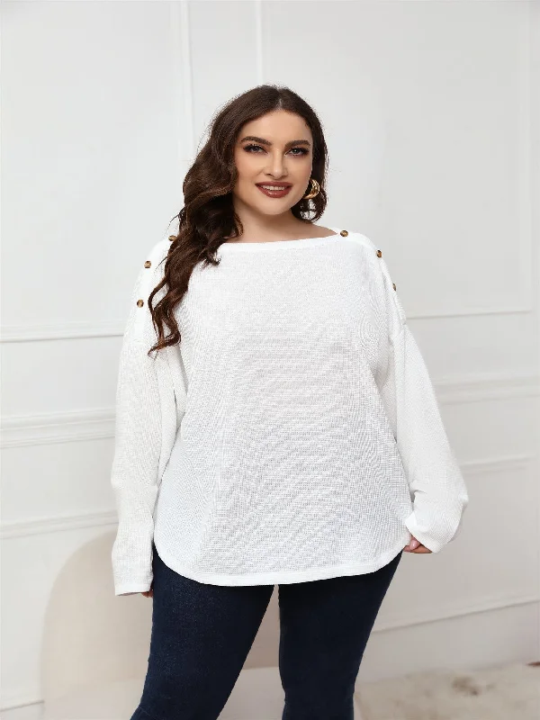 KittenAlarm - Plus Size Long Sleeve White Top Blouse