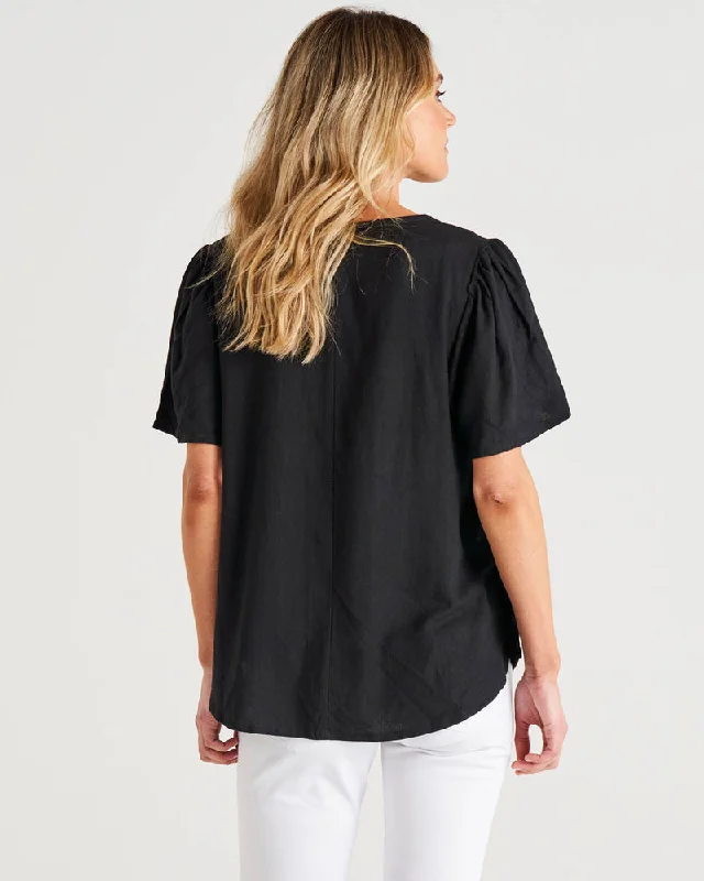 Betty Basics Marina Linen Blouse Black