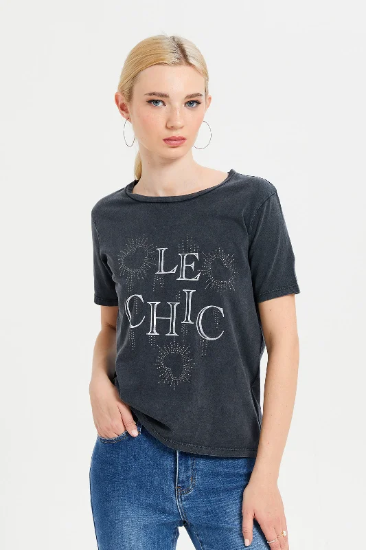 Women Charcoal Embellished T-Shirt