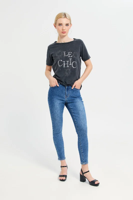 Women Charcoal Embellished T-Shirt