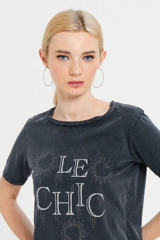 Women Charcoal Embellished T-Shirt