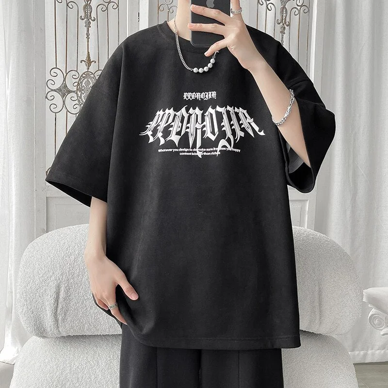 Gothic Men T-shirt Letter Print Tees Hip Hop Short Sleeve Man Tops Large Size Couples Fashion Tee Top Male Casual Loose Clothing