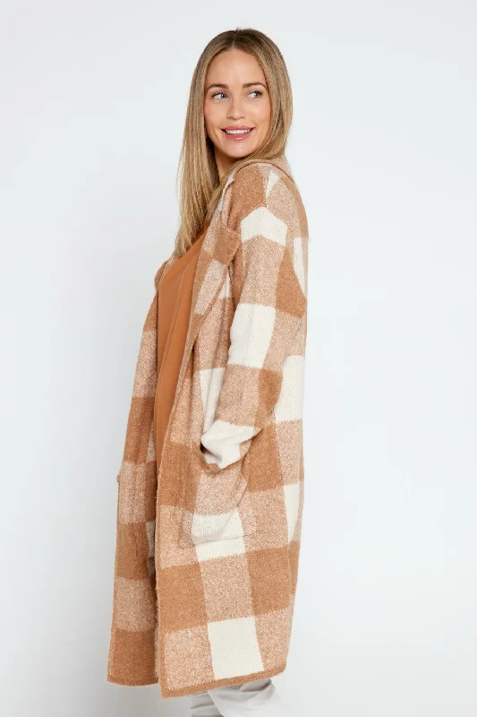 Jessa Wool Blend Knit Jacket - Brown/Cream Check