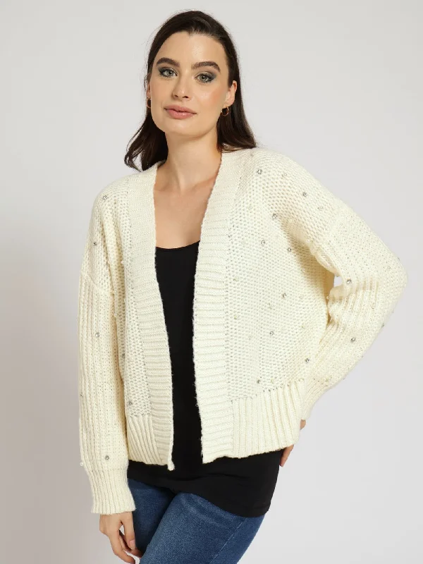 Long Sleeve Diamonds & Pearls Chunky Cardigan - Cream