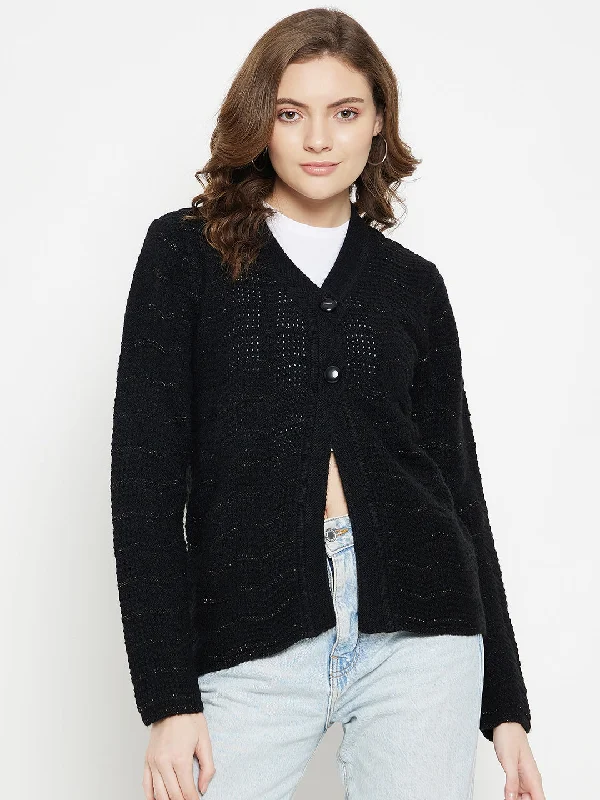 MADAME-neckline Self Design Black Cardigan