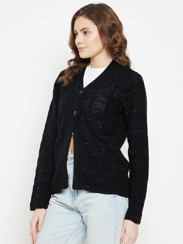 MADAME-neckline Self Design Black Cardigan