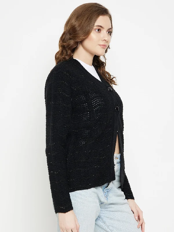 MADAME-neckline Self Design Black Cardigan