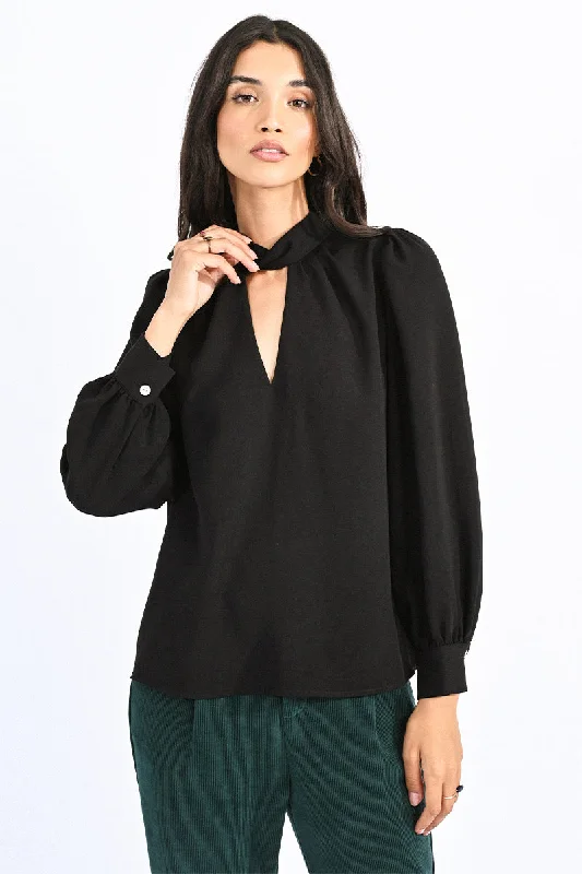 Molly Bracken Front Neck Tie Blouse Black