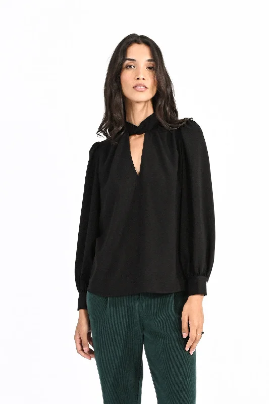 Molly Bracken Front Neck Tie Blouse Black