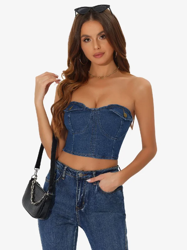 Button Front Smock Back Tank Cami Strapless Denim Crop Top