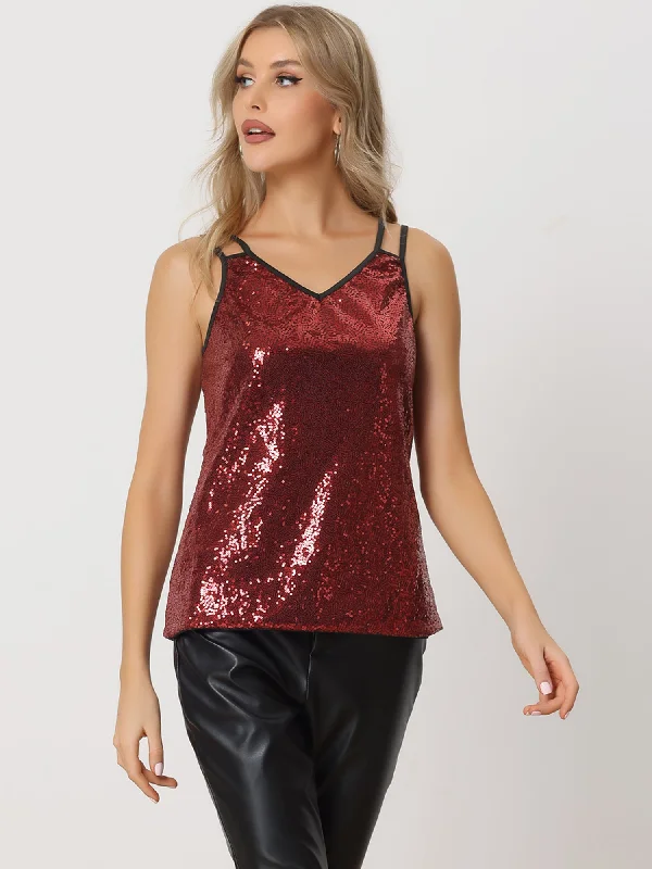 Women's Sequin Sparkle Camisole Shining Club Party Disco Glitter Cami Top